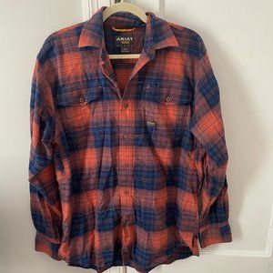 Ariat Rebar Flannel Shirt Men's Medium, Orange Blue Plaid Heavyweight